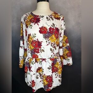 Time and Tru White Floral Peplum Blouse – Size M (8-10) – ✨New Without Tags✨